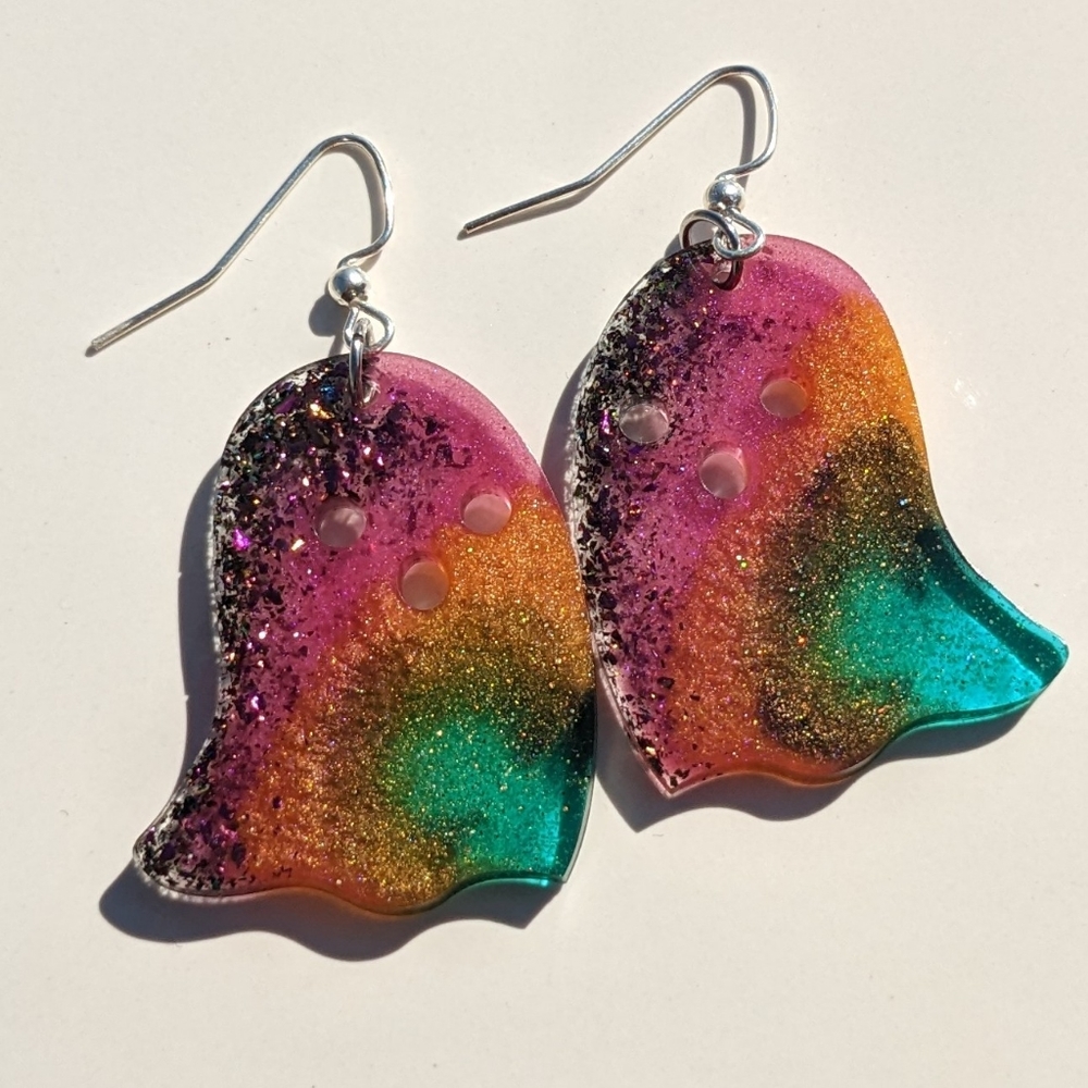 Lightweight Ghost Earrings Sparkly Rainbow Handmade Resin Spooky Goth